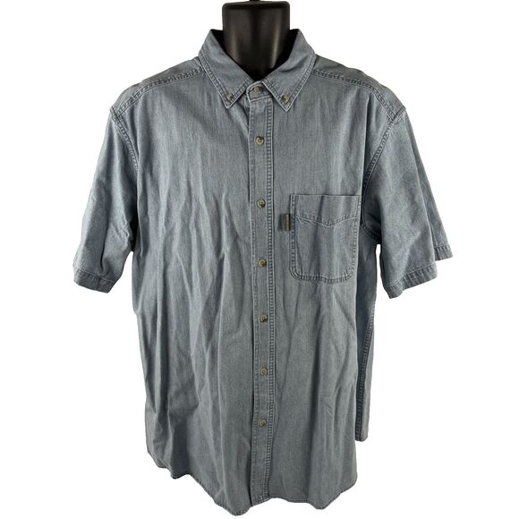Mens Woolrich Denim Short Sleeve Button Down Shirt Sz XL Cotton Light Blue Work - Picture 1 of 8